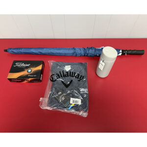 102. GOLF BUNDLE: MEN'S GOLF SHIRT, GOLFBALLS, UMBRELLA & TRAVEL MUG