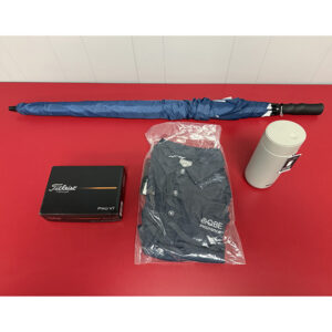 1302. GOLF BUNDLE: MEN'S GOLF SHIRT, GOLFBALLS, UMBRELLA & TRAVEL MUG